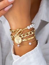 お買い得  結婚 ACC-レディースゴールドチェーンとパールブレスレットセット、ファッショントグルクラスプジュエリー、女の子と女性のためのエレガントなレイヤードスタイル、パーティー、結婚式、オフィス、普段使いに最適