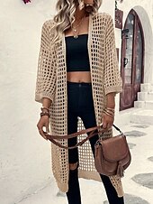 abordables Manteaux &amp; trenchs-Femmes Veste Décontractée Respirant Confortable Découpé Occasionnel Uni Vacances Rue Occasionnel Tenue quotidienne Ouvert devant Long Sans Col Coupe régulière Manche 3/4 Vêtements d&#039;extérieur Noir