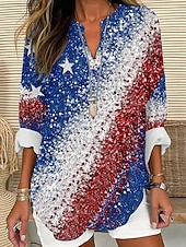 levne Den nezávislosti Top-Dámská blůza tunika V krk dlouhý rukáv Boho casual vlastenecký grafický praporek vintage tropické běžné topy každodenní nošení potisk červená modrá