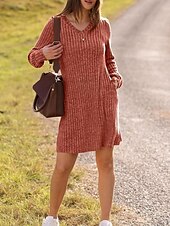 economico Abiti in maglia-Per donna Mini Abito Abito in maglia Casual Casuale Vestibilità regolare Semplice Manica Lunga Scollo a V Nero Marrone Verde Grigio Autunno Inverno