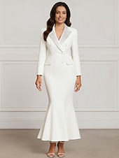 preiswerte Bodenlänge-Schwarz-weißer Meerjungfrau Blazer Revers Brautmutter Kleid Hochzeits Elegant Knöchellang Stretchstoff Langarm mit Farbblock