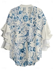 abordables Animaux Tops-Femmes Chemisier Fleuri Élégant Moderne Manche 3/4 Col en V Hauts Réguliers Quotidien Fête A Volants Imprimé Rose Claire Bleu Vert Abricot Été