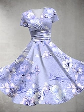 ieftine Rochii florale-Pentru femei Rochii Midi Rochie de vară Rochie Fit And Flare Petrecere Casual Zilnic Concediu Fit regulat Floral Grafic Manșon scurt În V Roz Îmbujorat Albastru piscină Mov Trifoi Vară