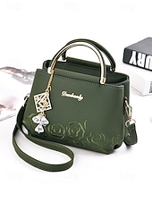 cheap Handbag &amp; Totes-Women&#039;s Embroidered Rose Tote Bag with Gold Top Handle and Shoulder Strap - Elegant Faux Leather Crossbody Bag for Commuter, Leisure and Weekend Outings