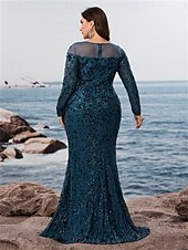 preiswerte BLAU-Meerjungfrau  Trompeten Plus Size Kleider ElegantesKurvenkleid Formal Hochzeit Bodenlang Lange Ärmel Rundhals Polyester mit Schlitz