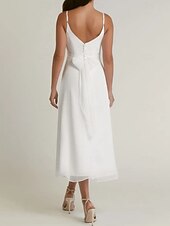preiswerte Hochzeitskleider-Verlobung Kleine Weiße Kleider Hochzeitskleider A-Linie V Ausschnitt Spaghettiträger Tee-Länge Satin Brautkleider Mit Gerafft 2025