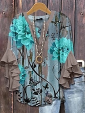 preiswerte Blumenoberteile-Damen Bluse Blumen Grafik Gestreift Elegant Bohemien Ethnisch Dreiviertelarm V Ausschnitt Normale Oberteile Täglich Ferien Urlaubskleidung Rüsche Druck Rosa Blau Staubiges Blau Grün Khaki Sommer