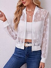 cheap Blazers &amp; Suits-Women&#039;s Bomber Jacket Breathable Comfortable Lace Patchwork Zipper Elegant Casual Plain Street Casual Daily Wear Zipper Short Stand Collar Regular Fit Long Sleeve Outerwear White Summer