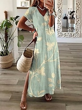 preiswerte Blumenkleider-Damen Maxikleid Freizeitkleid Sommerkleid A Linie Kleid Elegant Urlaub Lässig Strand Normale Passform Blumen Grafik Kurzarm V Ausschnitt Hellgrün Grau Sommer Frühling