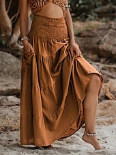 abordables Jupes unies-Femmes Jupe Évasé Occasionnel Maxi Taille Basse Jupes Uni Froncé Micro-Élastique Vacances Rue Noir Blanche Jaune Vert Véronèse Automne Coton