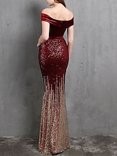cheap RED-Mermaid / Trumpet Evening Gown Elegant Dress Formal Wedding Floor Length Short Sleeve Off Shoulder Velvet with Beading