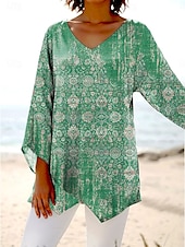 levne Dámské boho topy-Dámské Halenka Grafika Kašmírový vzor Havajské stylové Na běžné nošení 3/4 délka rukávu Do V Běžné topy Denní Dovolená Jdeme ven Tisk Vodní modrá Fialová Trávová zelená Léto Jaro Podzim
