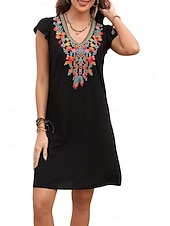 cheap Boho Dress-Women&#039;s Mini Dress Casual Dress Fashion Modern Elegant Dress Cap Sleeve Wedding Daily Date Regular Fit Floral Embroidery Sleeveless V Neck Black White Orange Summer