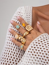 billige Kvinneringer-Damesett med vintage edelstener i gull – sett med flere statement-ringer med klumpete tekstur og fargerike harpiks-edelstener, egnet for kontor, vintage-mote, fest og hverdagsstil