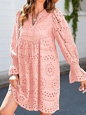 abordables Robes en dentelle blanche-Femmes Mini Robe Robe Décontractée robe ajourée Classique Moderne Quotidien Fête Sortir Coupe régulière Uni manche longue Col en V Noir Blanche Rose Claire Été