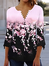 billige Blomstrete topper-Damebluse V-hals Ombre Grafisk Elegant 3/4-langermet Rund hals Vanlige topper Daglig Gå ut Volanger Knapper Svart Hvit Rosa Vår Høst