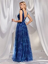 levne modrá-Šaty na quinceanera A-line elegantní šaty formální svatební podlahová délka bez rukávů výstřih do V tyl V zadní část s krystaly a rozparkem