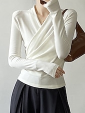 abordables Hauts Unis pour Femmes-Femmes Chemisier Uni Moderne Occasionnel manche longue Col en V Hauts Réguliers Quotidien Fête Froncé Noir Blanche Marron clair Automne