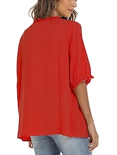 preiswerte Damen Einfache Oberteile-Damen Hemd Einfarbig Blumen Lässig Boho Dreiviertelarm Ellbogenärmel Rundhalsausschnitt Normale Oberteile Täglich Ausgehen Rüsche Bestickt Schwarz Weiß Rote Khaki Sommer