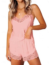 billige Søvnoverdeler og -nederdeler for kvinner-Dame Pyjamas Sett Fritid Komfort Ren farge Blonde Elastisk midje Stropp Topp Shorts Hjem Daglig Ermeløs stropper Svart Hvit Rosa Vin Sommer Vår Normal