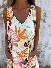 abordables Robes fleuries-Femmes Robe maxi Robe trapèze Robe Nuisette Vacances Occasionnel Boho Extérieur Sortir Coupe régulière Fleuri Sans manches Col en V Bleu Abricot Beige Été