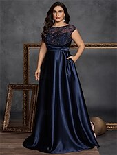 baratos AZUL-A-Line Vestidos Plus Size Elegante Vestido de Curvas Formal Casamento Comprimento do Chão Sem Mangas Decote Redondo Cetim com Plissados 2025