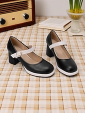 abordables Retro de los años 50-Tacones Mary Jane mod de los años 50 para mujer: zapatos retro de tacón grueso con punta redonda en azul y blanco con correa para atuendos vintage, fiestas de té o uso diario.