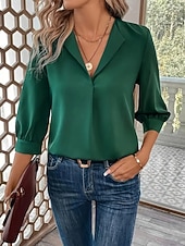 abordables Blusas Sencillas-Mujer Blusa Color sólido Elegante Básico Casual Manga 3/4 Cuello Camisero Tops regulares Oficina Trabajo Negro Vino Verde Trébol Verano Primavera Otoño