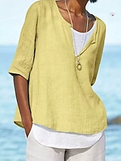 preiswerte Damen Einfache Oberteile-Damen Hemd Einfarbig Einfach Täglich Lässig Kurzarm V Ausschnitt Einkerbiger Ausschnitt Crop Tops Täglich Ferien Strandbekleidung Erröten Sie Rosa Schwarz Weiß Gelb Himmelblau Sommer Frühling Herbst