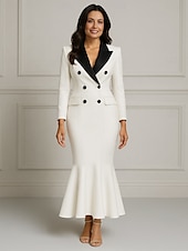 preiswerte Bodenlänge-Schwarz-weißer Meerjungfrau Blazer Revers Brautmutter Kleid Hochzeits Elegant Knöchellang Stretchstoff Langarm mit Farbblock