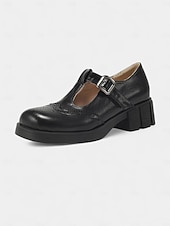 abordables Retro de los años 50-Zapatos Mary Jane negros con tiras en T para mujer inspirados en los años 50: tacones de cuero brogue vintage con hebilla y suela gruesa para uso diario y cosplay. &amp;trajes góticos