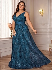preiswerte SCHWARZ-A-Linie Plus Size Kleider Elegantes Kurvenkleid Formelles Hochzeitskleid Bodenlang Ärmellos V-Ausschnitt Spitze mit Pailletten 2025