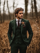 economico Abiti da matrimonio-Uomo Matrimonio Completi Verde scuro Moda Formale Tinta unita Vestibilità standard 3 pezzi Monopetto Due Bottoni