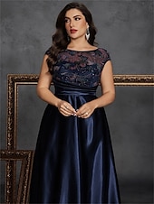 baratos AZUL-A-Line Vestidos Plus Size Elegante Vestido de Curvas Formal Casamento Comprimento do Chão Sem Mangas Decote Redondo Cetim com Plissados 2025