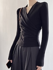 abordables Hauts Unis pour Femmes-Femmes Chemisier Uni Moderne Occasionnel manche longue Col en V Hauts Réguliers Quotidien Fête Froncé Noir Blanche Marron clair Automne