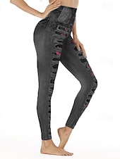 billige -Dame Bukser Leggings Gatemote Fritid Full lengde Naturlig Blomsternål i krystall Elastisk midje Trykt mønster comfy Utendørs Bekvem Feriereise Ut på byen Grå Svart Blå Høst Normal