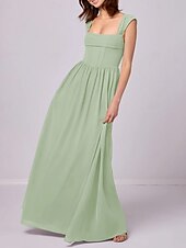 baratos Vestidos para Madrinhas-Vestido de madrinha linha A, alças, sem mangas, elegante, longo, chiffon, com pregas / franzido, 2025