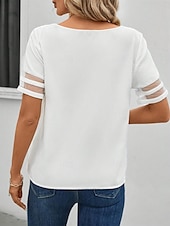 billige Plain t-skjorte-Dame Bluse Helfarge Stilfull Moderne Fritid Kortermet V-hals Vanlige topper Daglig Netting Lapper Hvit Sommer Vår
