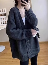 preiswerte Einfarbiger Cardigan-Damen Pullover Strickjacke Mode Einfarbig Gerippt V Ausschnitt Knöpfe Gestrickt Langarm Normale Oberteile Stricken Täglich Ferien Ausgehen Schwarz Dunkelgray Herbst