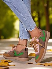 economico Sneakers da donna-Sneakers da donna verdi con lacci: scarpe casual ispirate al retrò con dettagli a contrasto bianchi per passeggiate, scuola e commissioni quotidiane