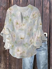 billige Blomstrete topper-Dame Bluse Blomstret Stilfull Moderne 3/4 ermer V-hals Vanlige topper Daglig Ferie Drapering Trykt mønster Lysegrønn Blå Grønn Grå Lyseblå Sommer