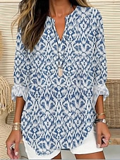 abordables Tops à Rayures et Géométriques pour Femmes-Femmes Chemise Fleuri Rayé Élégant Moderne manche longue Col en V Hauts Réguliers Quotidien Fête Boutons Imprimé Rose Claire Bleu Roi Bleu Gris Été