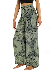 baratos perna larga e cintura alta-Mulheres Perna larga Calças Casual Boho Comprimento total Cintura Alta Imprimir Bolsos Design de cordão elástico Respirabilidade Macio Micro-Elástica Férias Rua Roupa Diária Vermelho Verde Verão