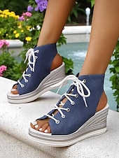 tanie Casual sandały-damskie sandały na koturnie z denimu, modne letnie buty z odkrytymi palcami, idealne na basen, wyjścia na brunch i do nadmorskich kawiarni