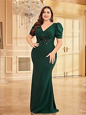 cheap BLUE-Mermaid / Trumpet Plus Size Dresses Elegant Curve Dress Formal Wedding Floor Length Short Sleeve V Neck Polyester with Appliques