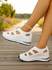 abordables Sandalias Deportivas-Sandalias deportivas blancas para mujer con diseño recortado, zapatos ligeros con cremallera para caminatas cómodas, viajes activos y recados diarios.