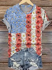 tanie Dzień Niepodległości Top-Kobieta Patriotyczna T-Shirt Serce Kwiatowy Graficzny Vintage Stylowy Casual Krótki Rękaw Okrągły Dekolt Regularne Top Codzienne Druk Czerwony Niebieski Lato Wiosna