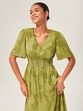 economico vestito casual-Per donna Abito Elegante Verde Manica Corta Jacquard Jacquard Primavera &amp; Estate Scollo a V Abito elegante Vacanza Data S M L