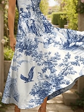 preiswerte Blumenkleider-Damen Maxikleid Freizeitkleid A Linie Kleid Sommerkleid Elegant Urlaub Lässig Normale Passform Grafik Blatt Vogel Kurzarm Quadrathals Rundausschnitt Schwarz und Weiß Gelb Rote Blau Sommer Herbst