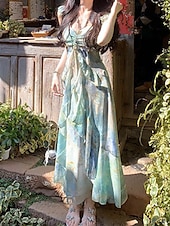 voordelige Elegante bloemenjurken-Dames Lange jurk maxi-jurk Jurk met print Modern Vakantie Feestdagen Teaparty Normale pasvorm Bloem Mouwloos V-hals Groen Zomer
